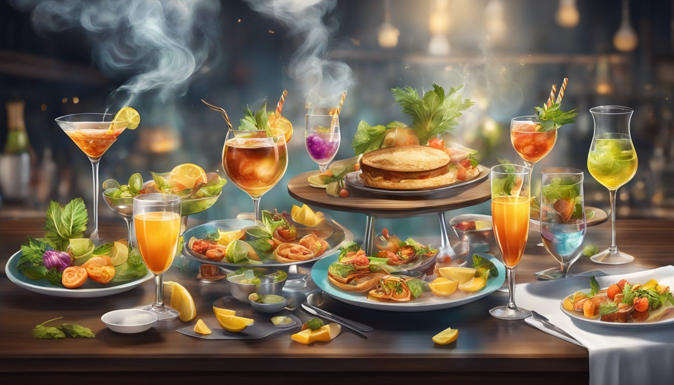 A table set with a variety of food and cocktails, smoke swirling around glasses and plates, creating an atmospheric and enticing scene