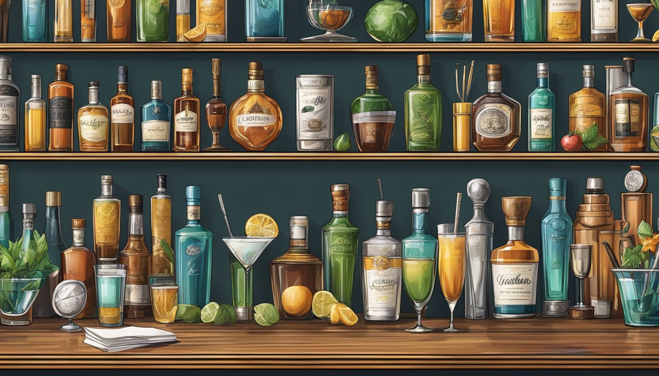 A sleek bar adorned with vintage and modern cocktail tools, surrounded by shelves of premium spirits and fresh ingredients