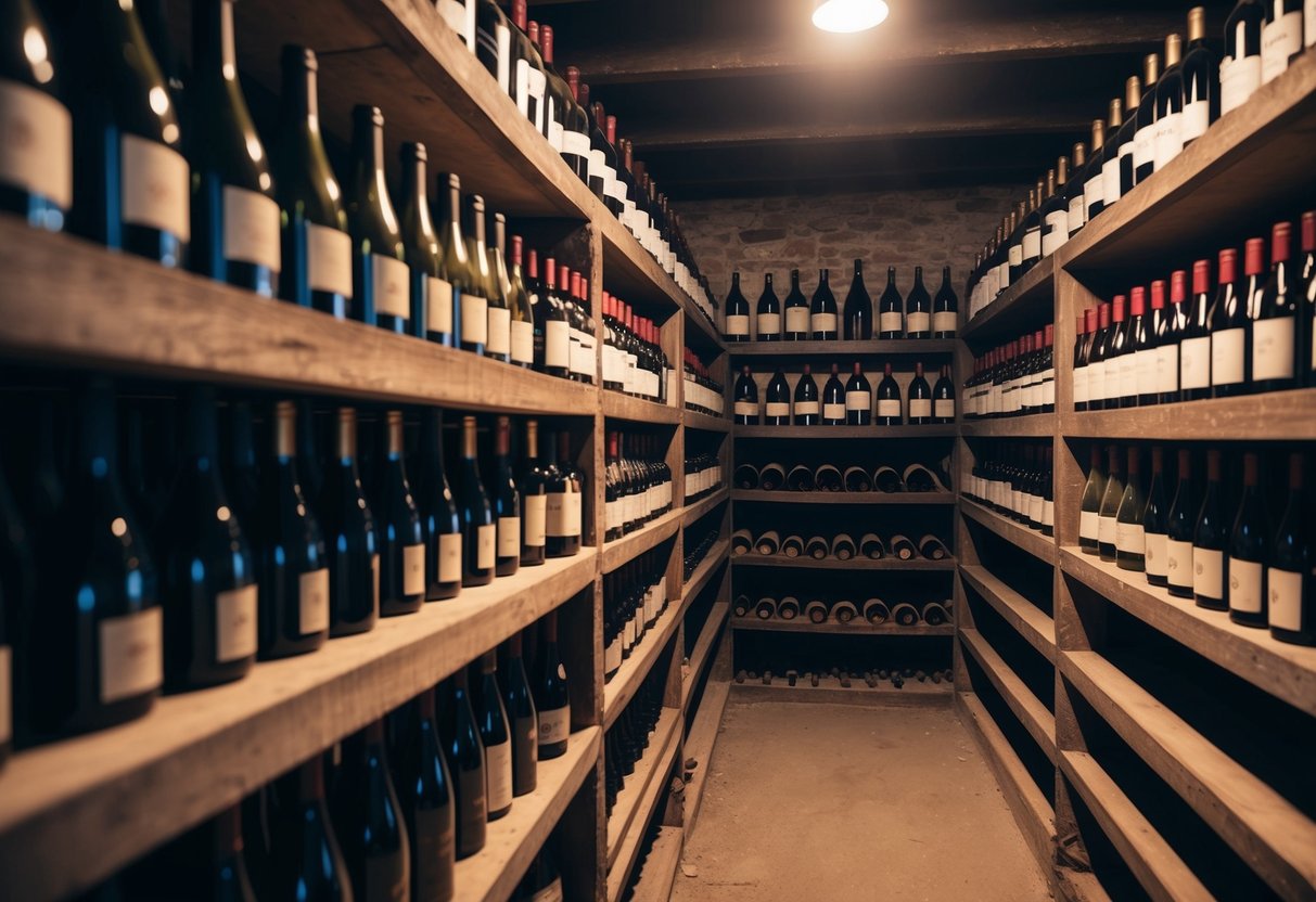 A dimly lit cellar with rows of dusty wine bottles aging on wooden shelves