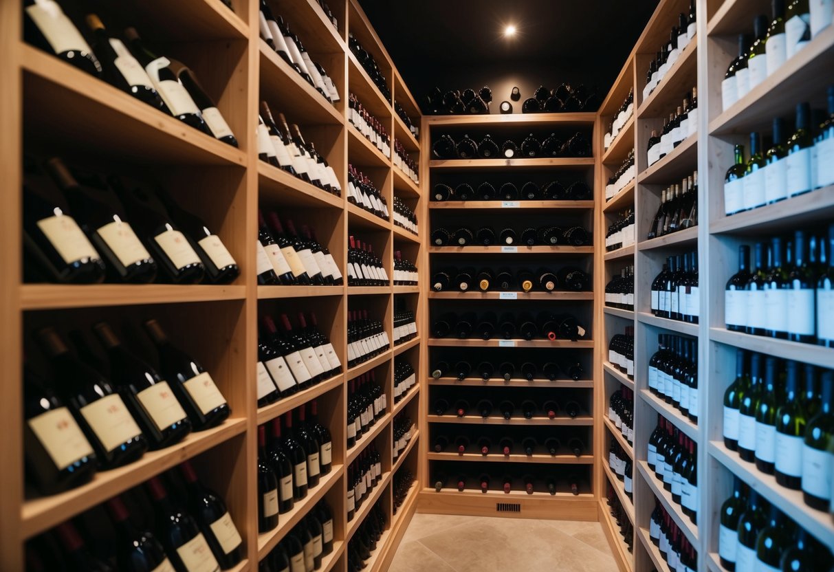 A wine cellar with rows of neatly organized bottles, wooden racks, and dim lighting, creating an atmosphere of sophistication and elegance