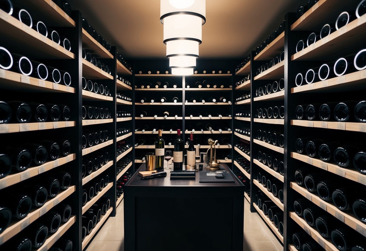 A wine cellar with rows of neatly organized bottles, dimly lit by soft overhead lighting. A table with various wine accessories and tools sits in the center