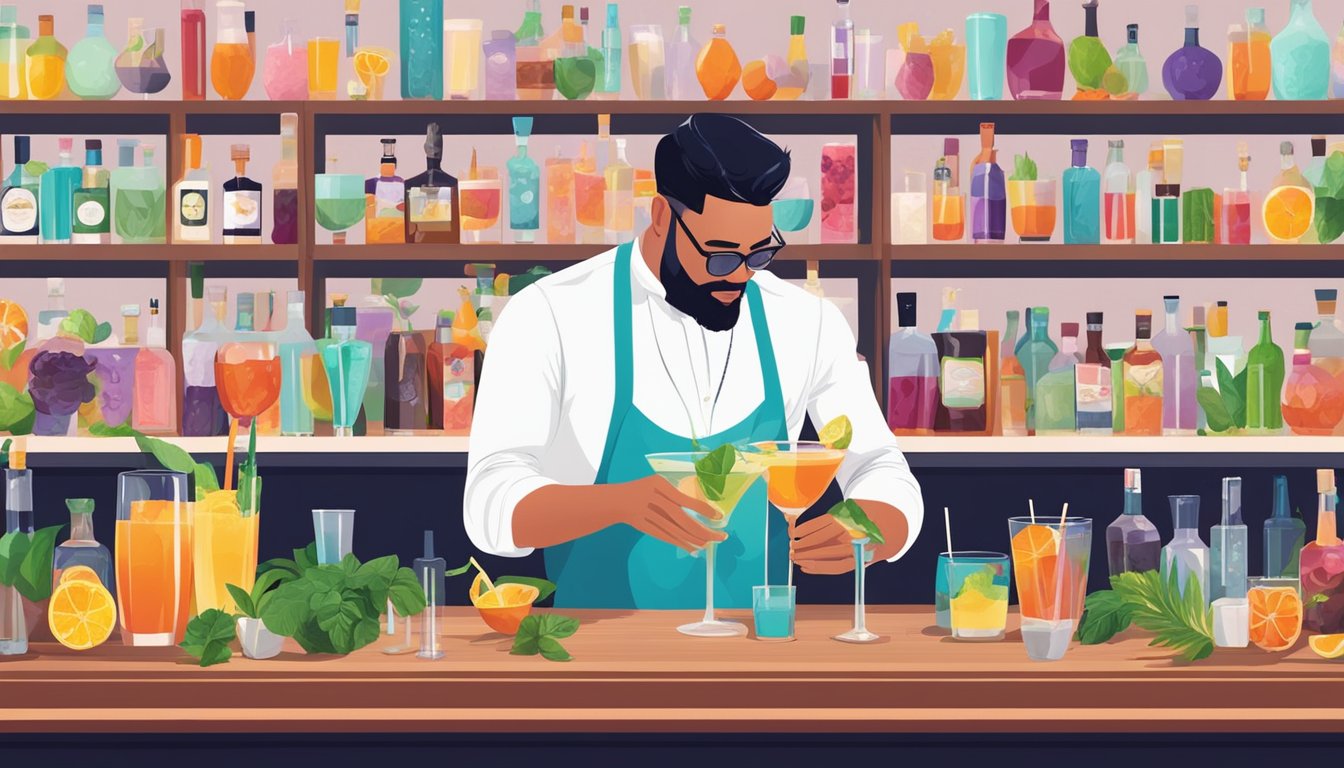 A mixologist expertly crafts a cocktail, surrounded by an array of colorful and exotic ingredients on a sleek, modern bar