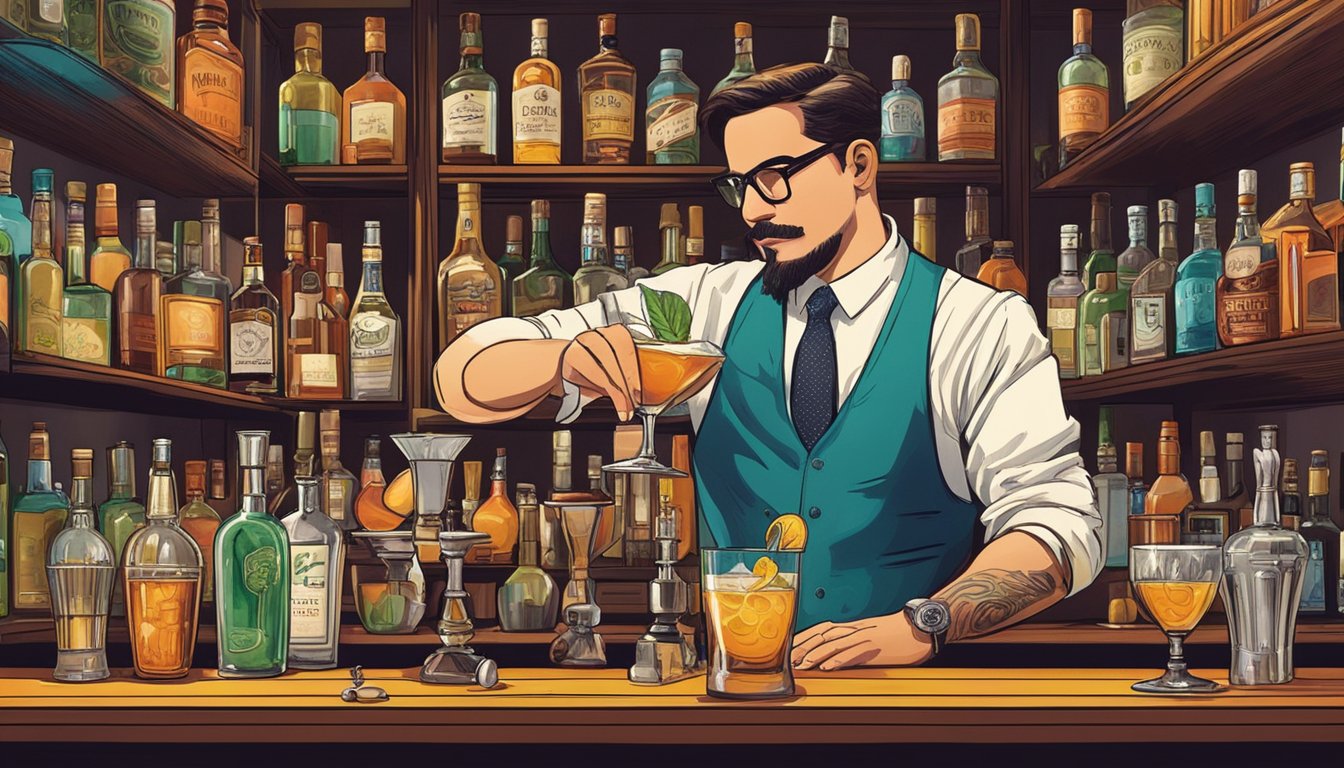 A mixologist expertly crafts a cocktail, surrounded by shelves of various liquors and bar tools. The atmosphere is vibrant and lively, with patrons enjoying drinks in the background