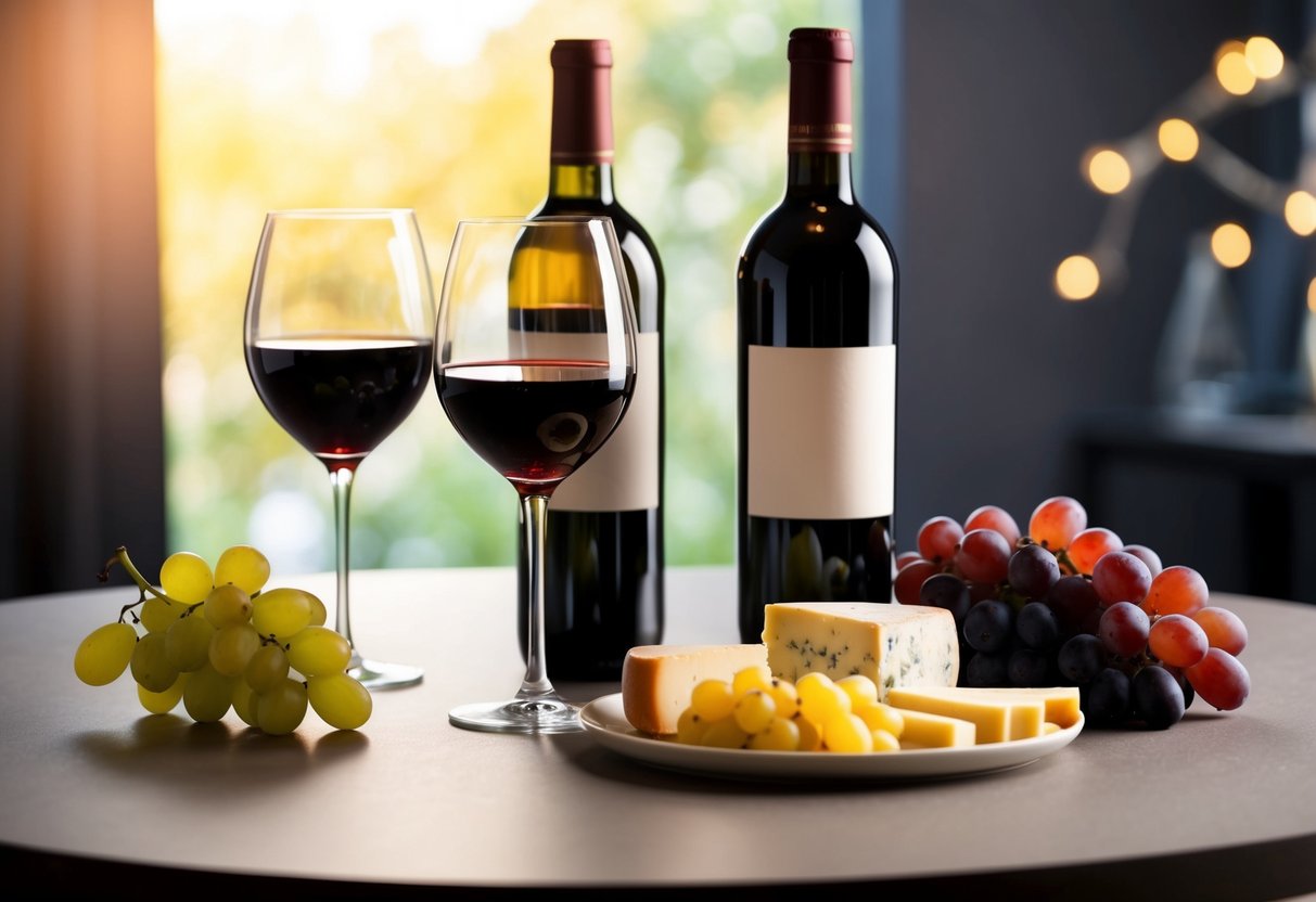 A table set with two glasses, one filled with red wine, the other with white. A bottle of each sits nearby, along with a selection of grapes and cheese