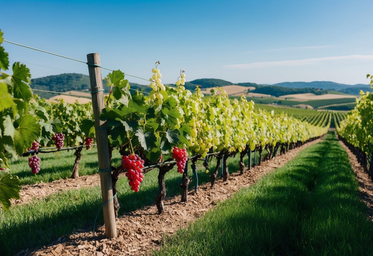 A vineyard with rows of grapevines, some bearing red grapes and others white, set against a backdrop of rolling hills and a clear blue sky