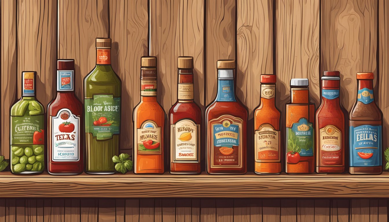 A rustic wooden bar with a row of Texas-style bloody mary ingredients: hot sauce, Worcestershire sauce, vodka, tomatoes, and celery