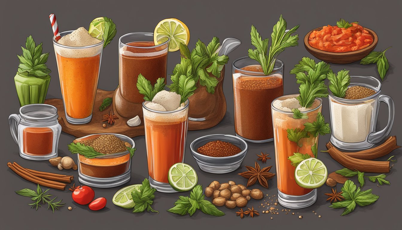 A colorful array of spices and seasonings arranged around a classic bloody mary cocktail, with a Texas twist