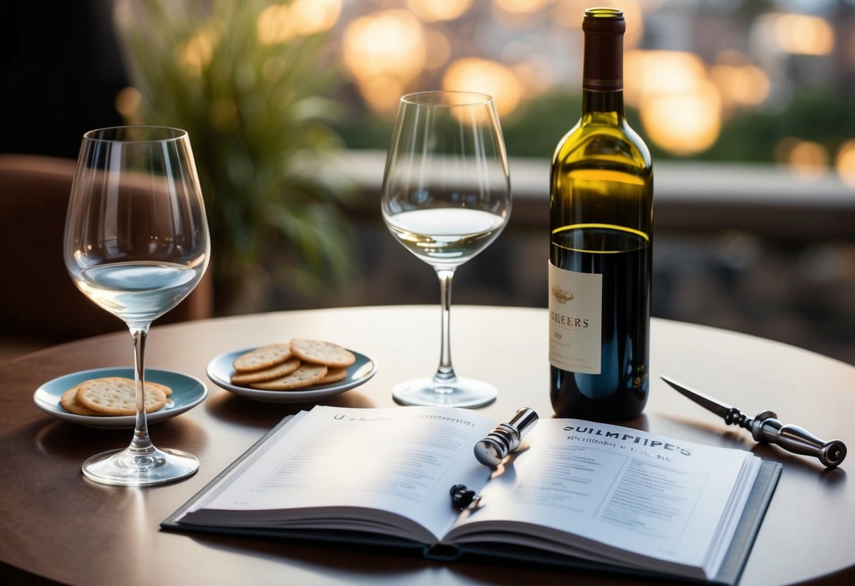 A table set with wine glasses, a bottle, and a corkscrew. A small plate of cheese and crackers nearby. A sommelier's guidebook open on the table