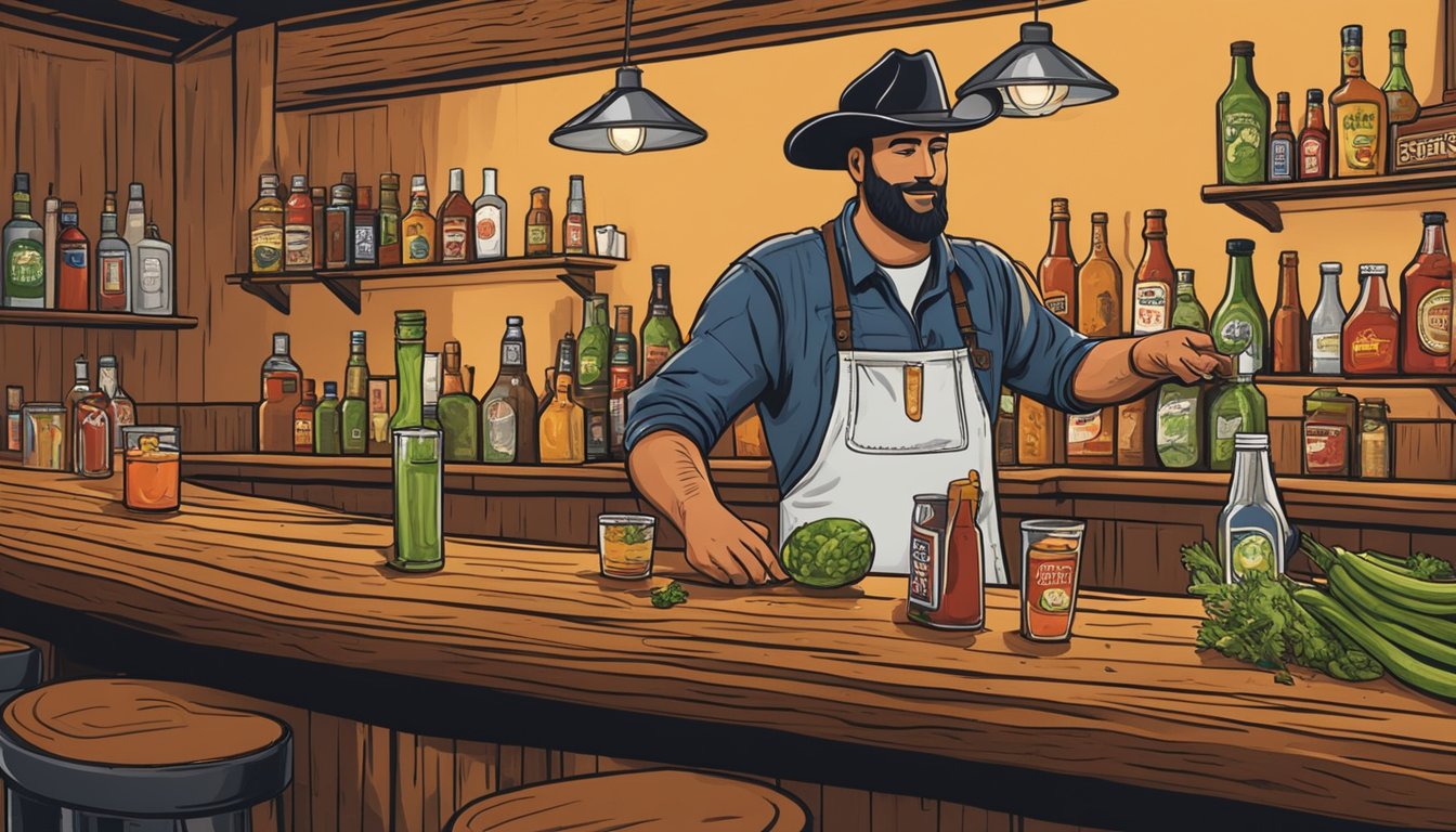 A Texan-themed bar with a rustic wooden counter, adorned with ingredients like hot sauce, pickles, and celery, as a bartender expertly mixes a spicy Bloody Mary