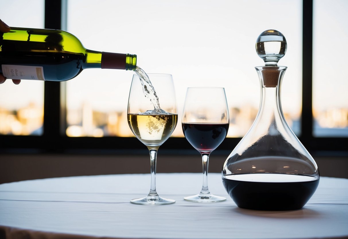 A wine bottle being uncorked, with a wine glass and a decanter placed on a table with a white tablecloth