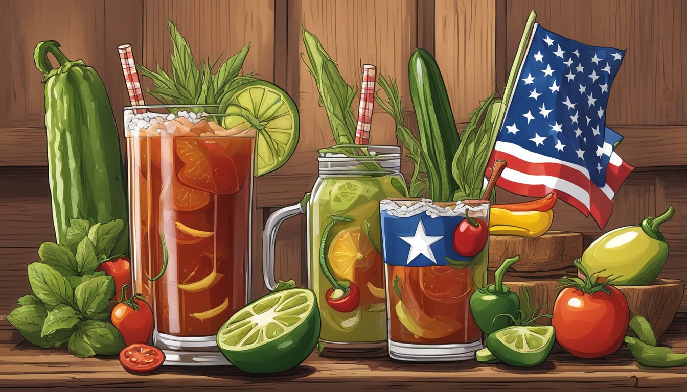 A colorful array of Texas-themed garnishes adorns a zesty Bloody Mary, featuring jalapenos, pickles, and bacon, all set against a rustic backdrop