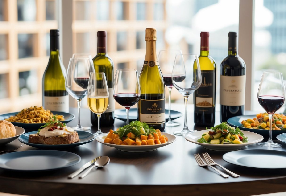 A table set with a variety of food and wine bottles, with different glasses and plates for each pairing