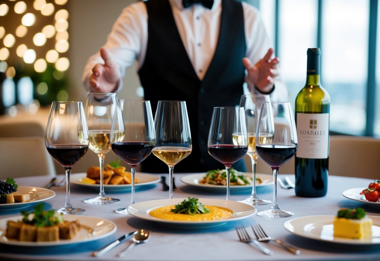 A table set with various dishes and wine glasses, each containing a different type of wine. A sommelier stands nearby, offering guidance on wine pairings