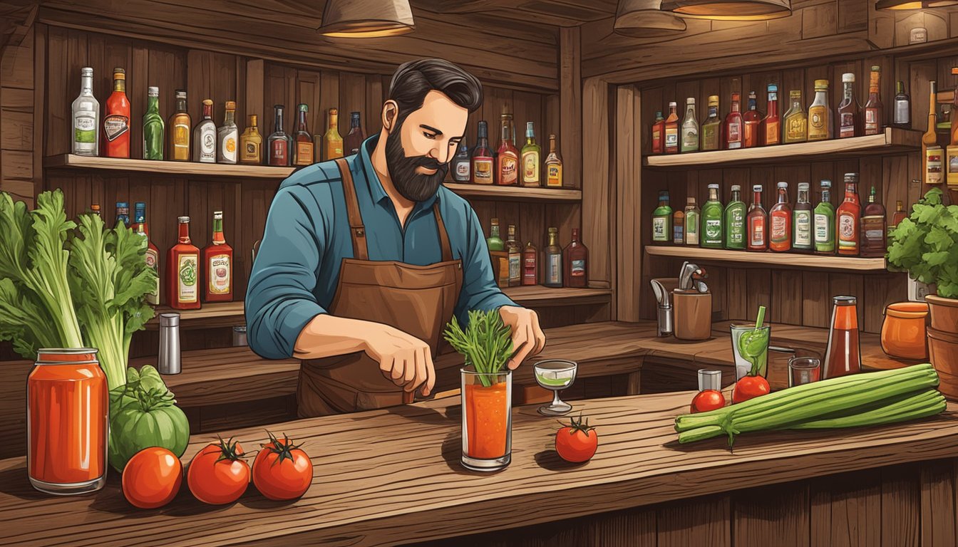 A rustic wooden bar with a bartender crafting a spicy Texas-style Bloody Mary, surrounded by fresh ingredients like tomatoes, hot sauce, and celery