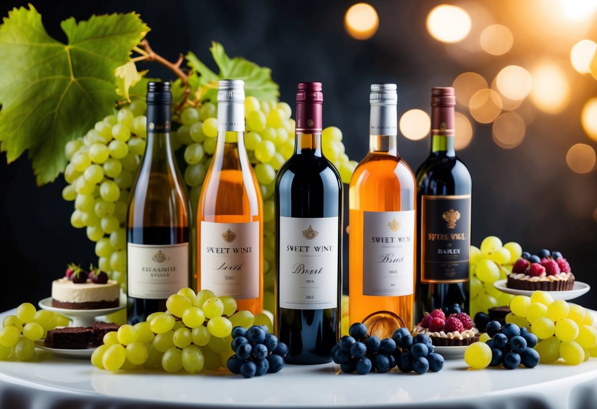 A table with various bottles of sweet wine, surrounded by ripe grapes and a selection of decadent desserts