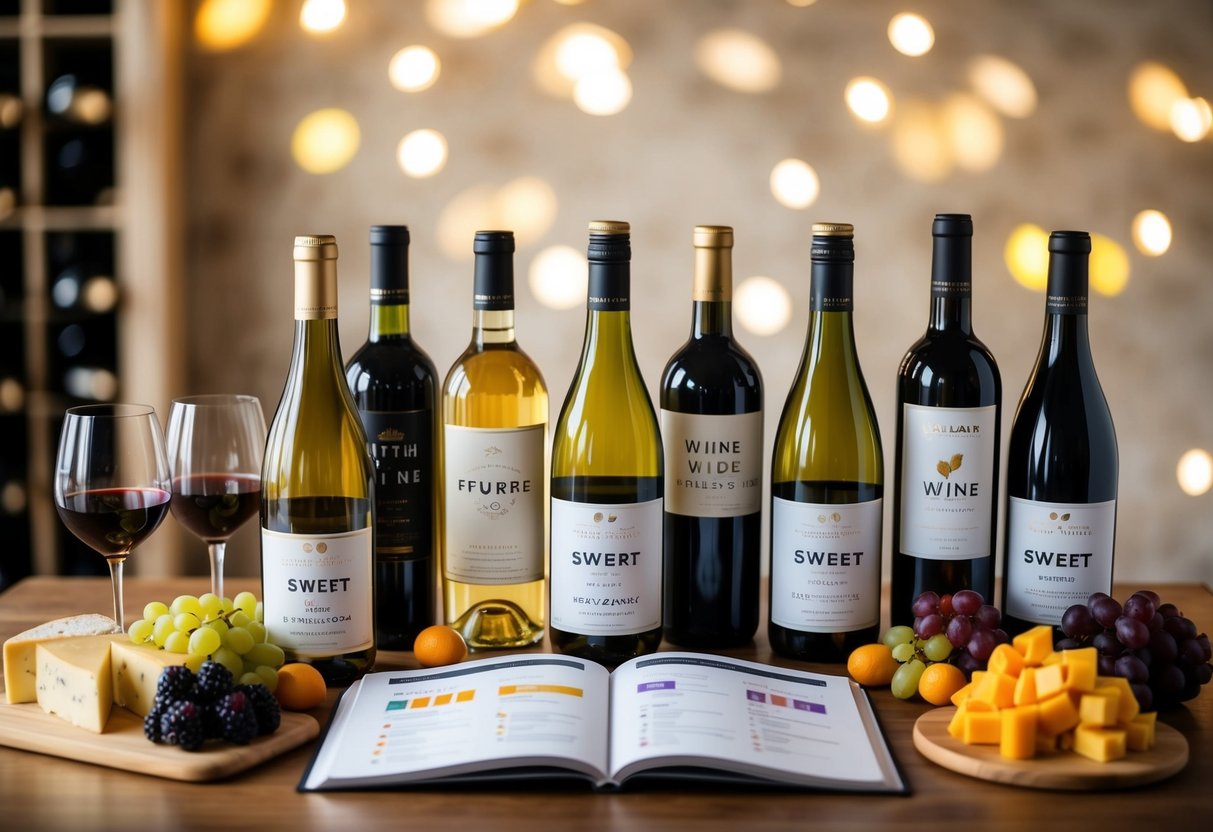 A table with various sweet wine bottles, surrounded by fruit and cheese, with a guidebook open to a page on wine selection tips