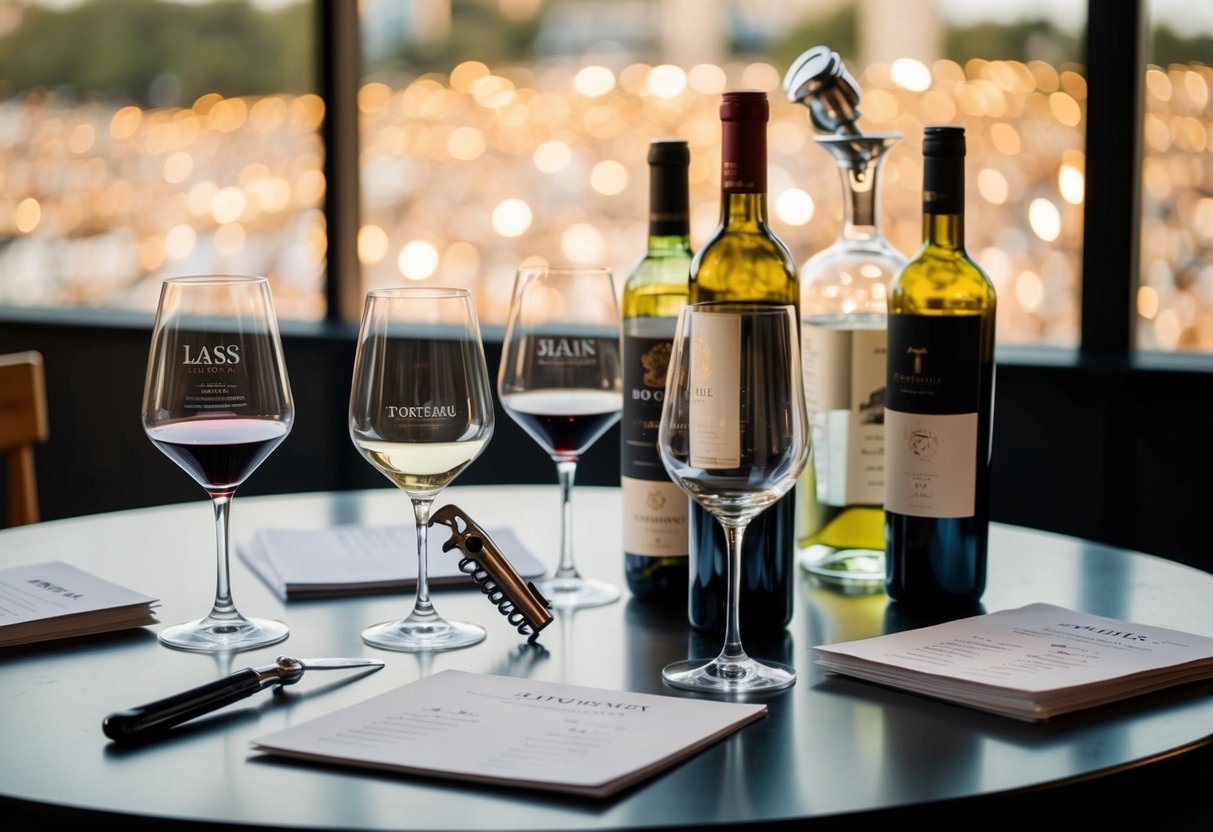 A table set with various wine glasses, bottles, and tasting notes. A sommelier's tools, including a corkscrew and decanter, are displayed alongside