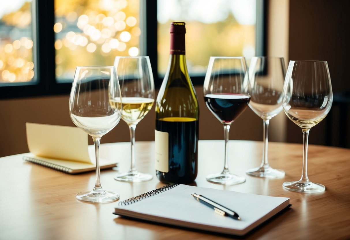 A table set with various wine glasses, a bottle of wine, and a notepad for taking notes