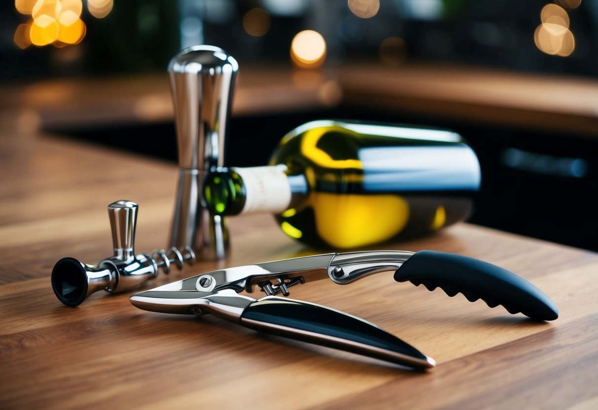 A wine opener, corkscrew, and wine stopper on a wooden countertop