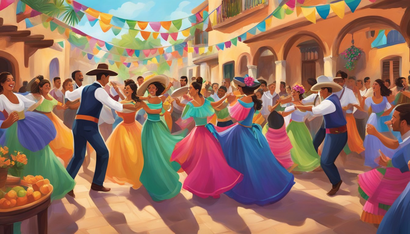 A vibrant fiesta with colorful decorations, mariachi music, and people dancing, all centered around a large pitcher of margaritas