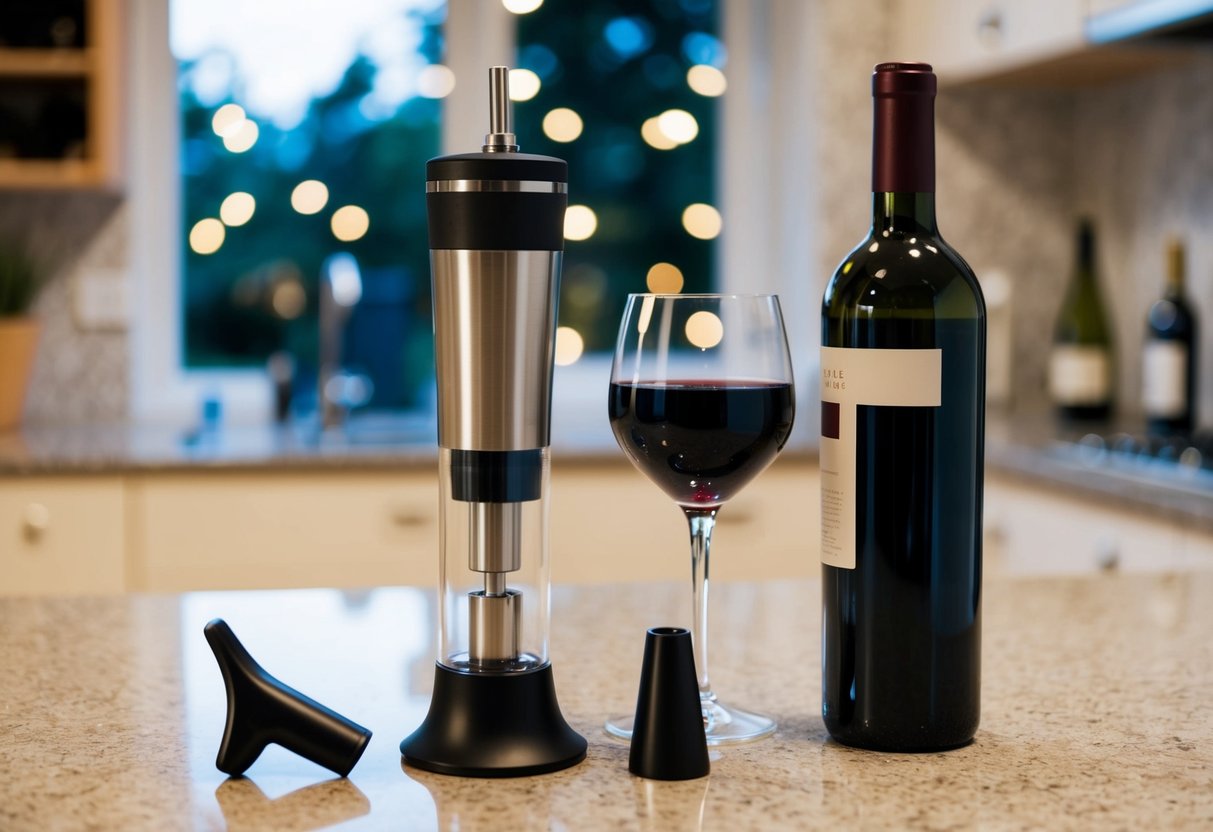 A wine bottle stopper and vacuum pump on a countertop next to a bottle of wine and a wine glass