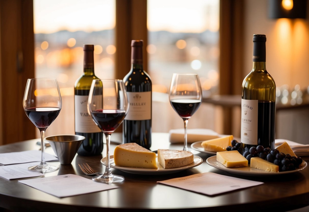 A table set with wine glasses, bottles, and cheese. Tasting notes and a spittoon nearby. Warm lighting and a cozy atmosphere