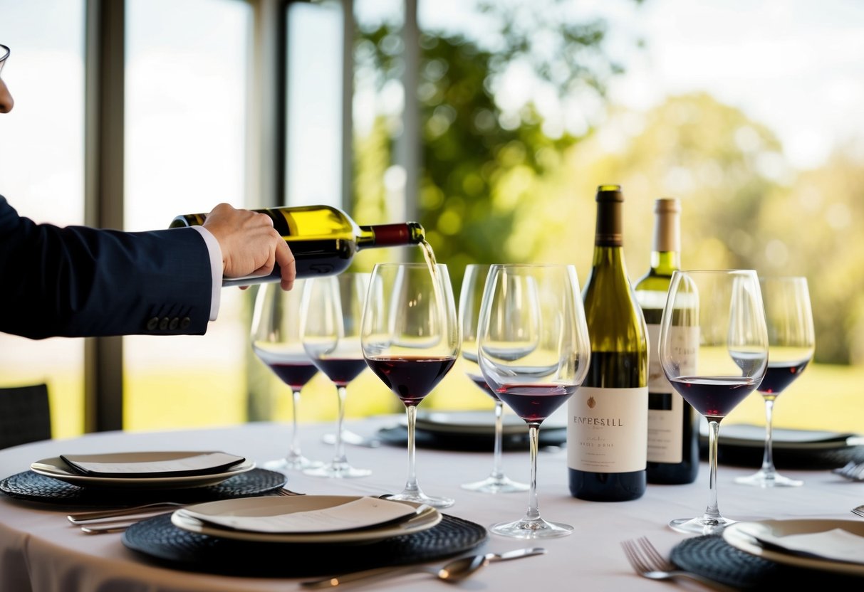 A table set with wine glasses, bottles, and tasting notes. A sommelier pouring wine into a glass