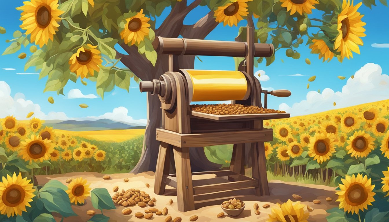 A rustic wooden press extracting oil from a variety of seeds and nuts, surrounded by fields of sunflowers and olives under a bright blue sky