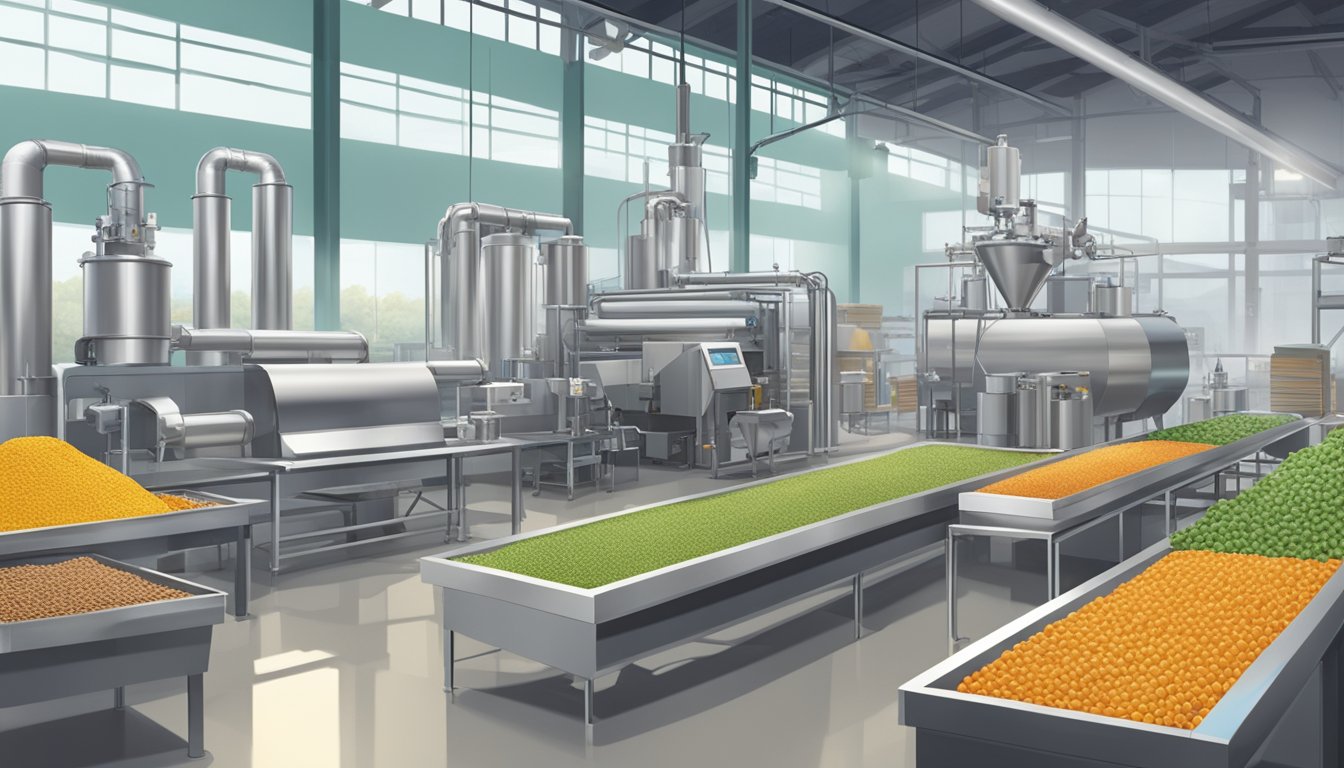 A modern, sleek factory setting with state-of-the-art machinery pressing various seeds and nuts to extract cold-pressed oils. Bright, natural colors and fresh produce in the background