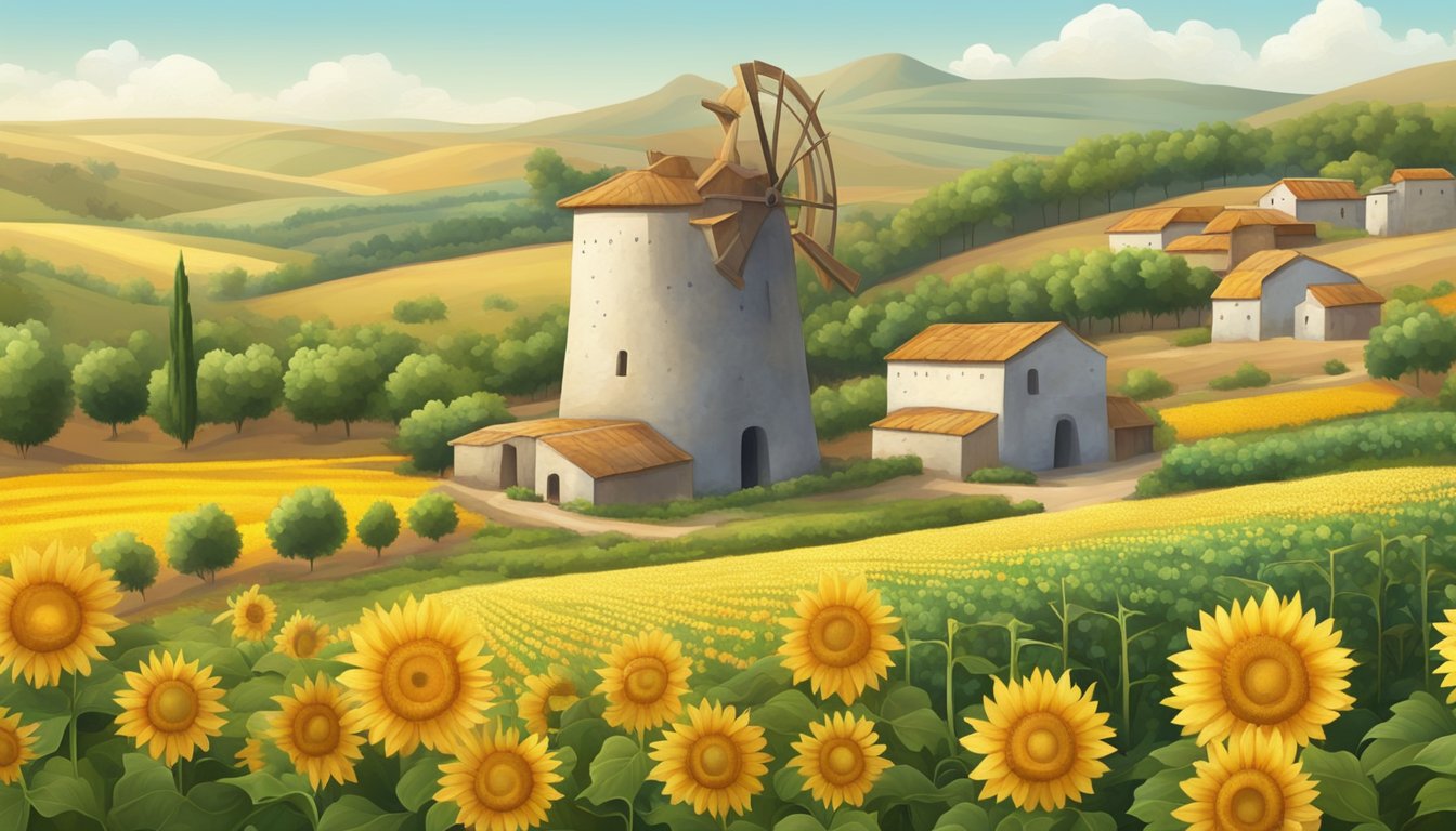 A serene countryside landscape with fields of sunflowers and olives, a traditional stone mill, and a modern cold-press oil extraction facility