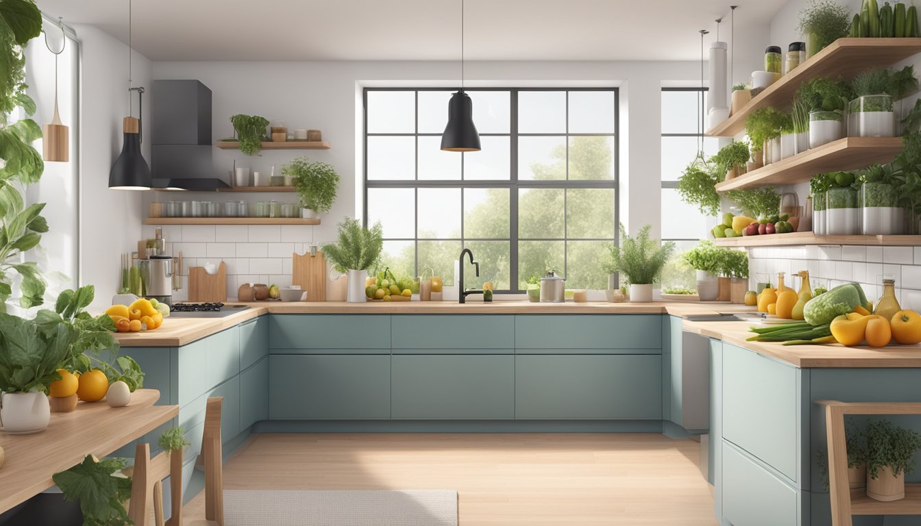 A modern kitchen with various cold pressed oils displayed on a sleek countertop, surrounded by fresh fruits, vegetables, and herbs. A bright, clean aesthetic with minimalist packaging