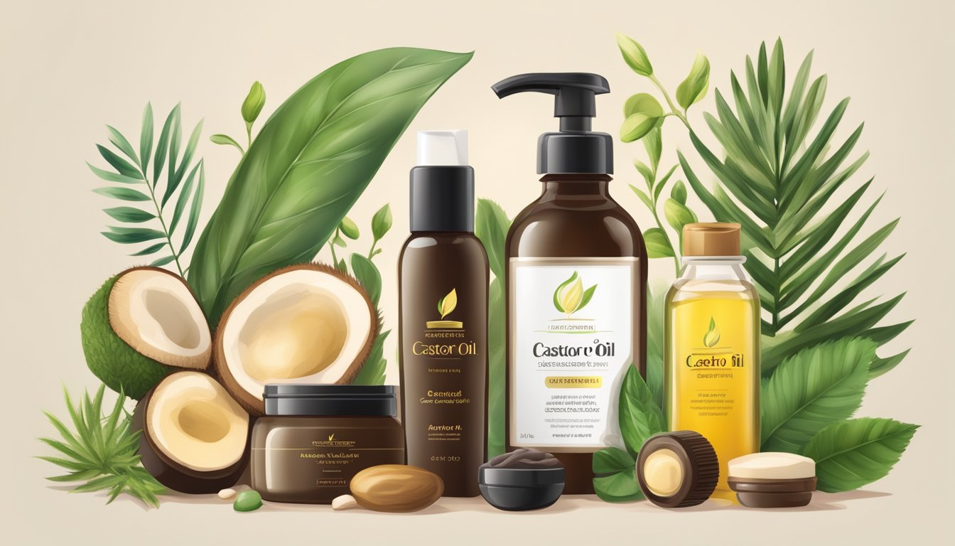 A bottle of castor oil surrounded by various hair care products and natural ingredients, with a focus on healthy and lush hair growth