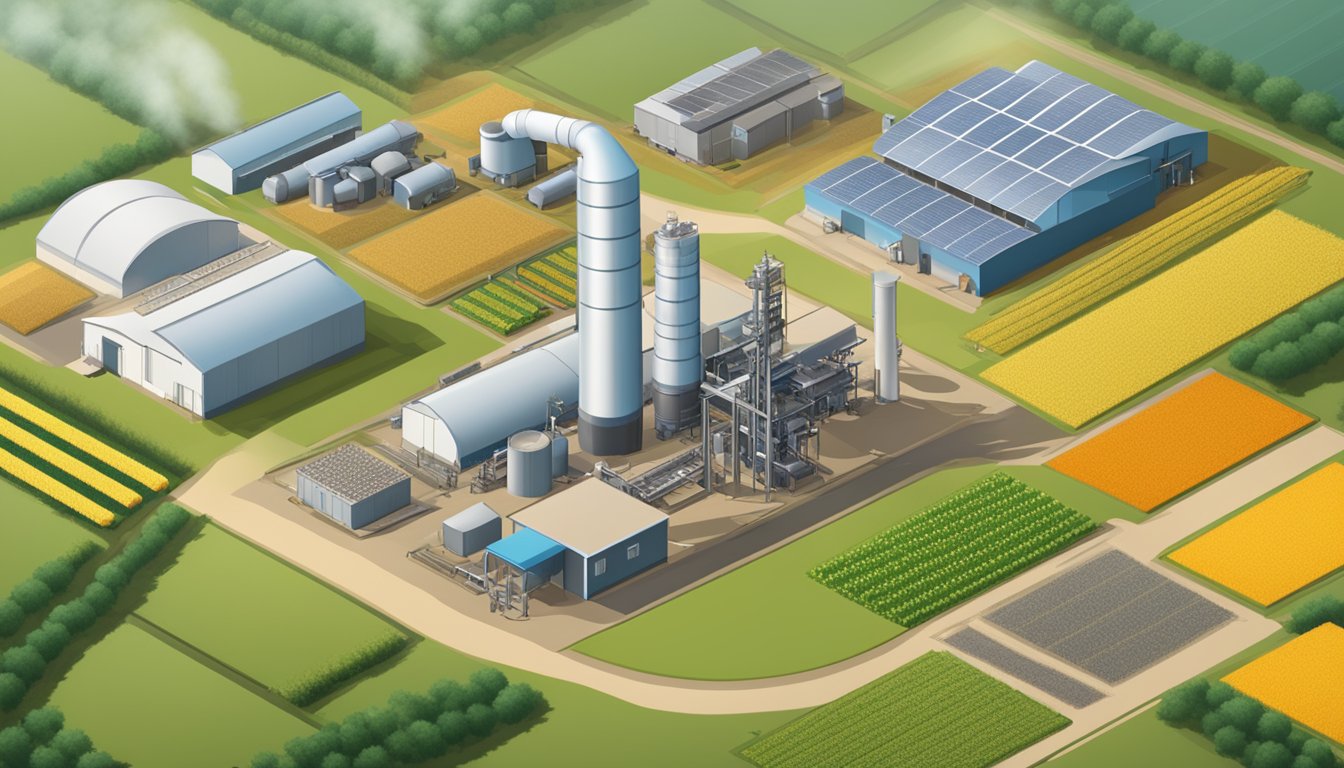 A modern industrial facility with machinery and safety equipment, surrounded by fields of crops and labeled with regulatory symbols