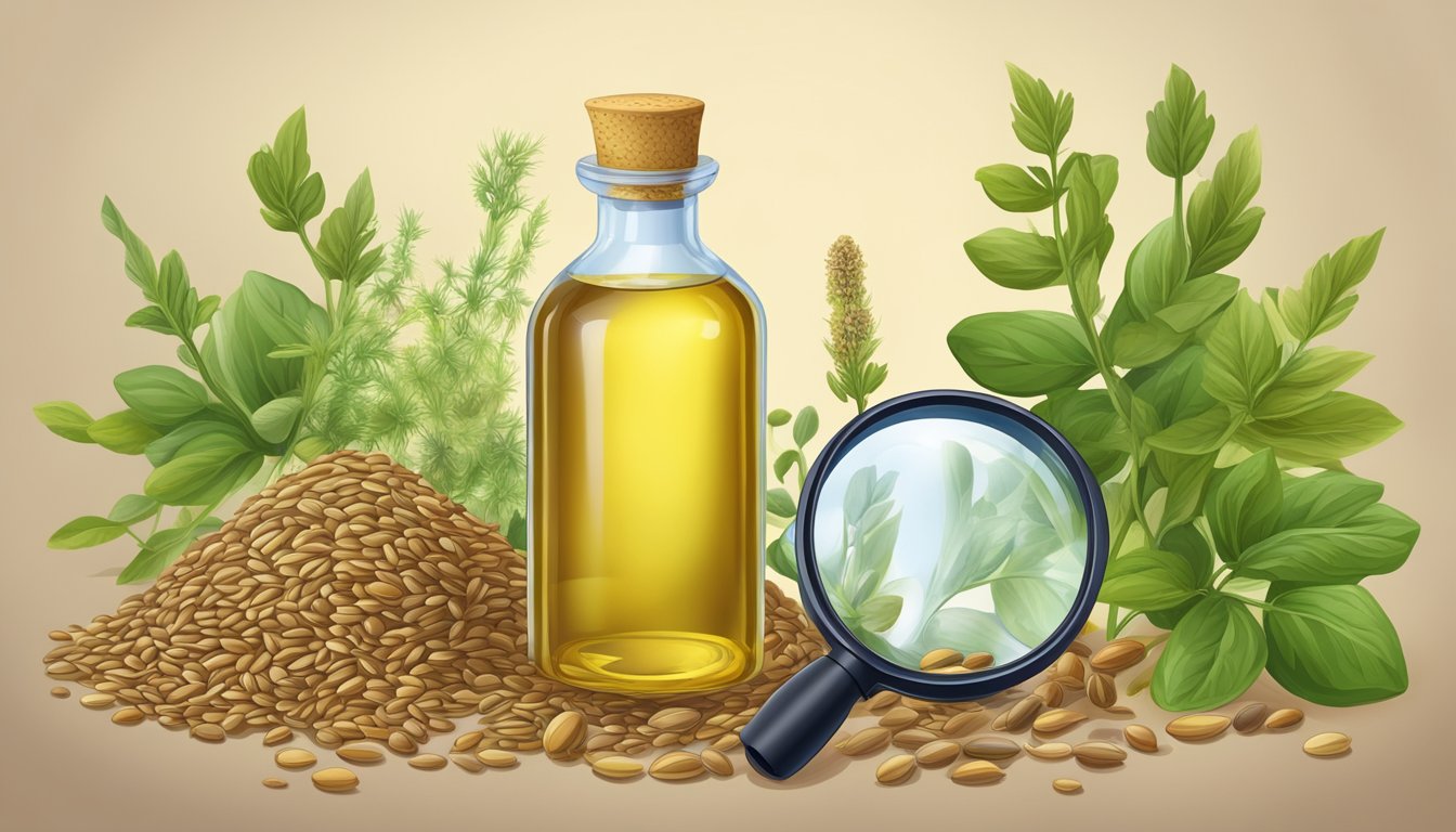 A bottle of flaxseed oil surrounded by various seeds and plants, with a magnifying glass examining its properties