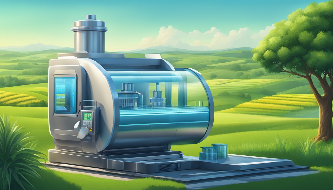 A modern cold press machine surrounded by futuristic technology, with a backdrop of lush green fields and a clear blue sky