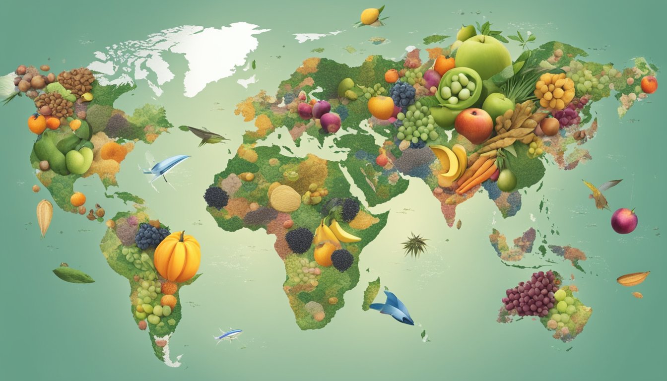 A world map with various regions highlighted, surrounded by images of different types of seeds and fruits, with arrows pointing towards a central globe symbolizing global impact