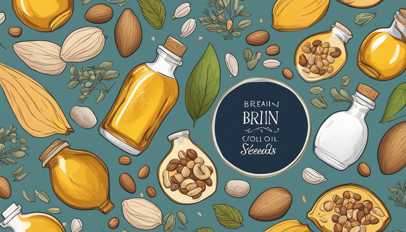 A bottle of cold pressed oil surrounded by various nuts and seeds, with a brain in the background to represent brain health