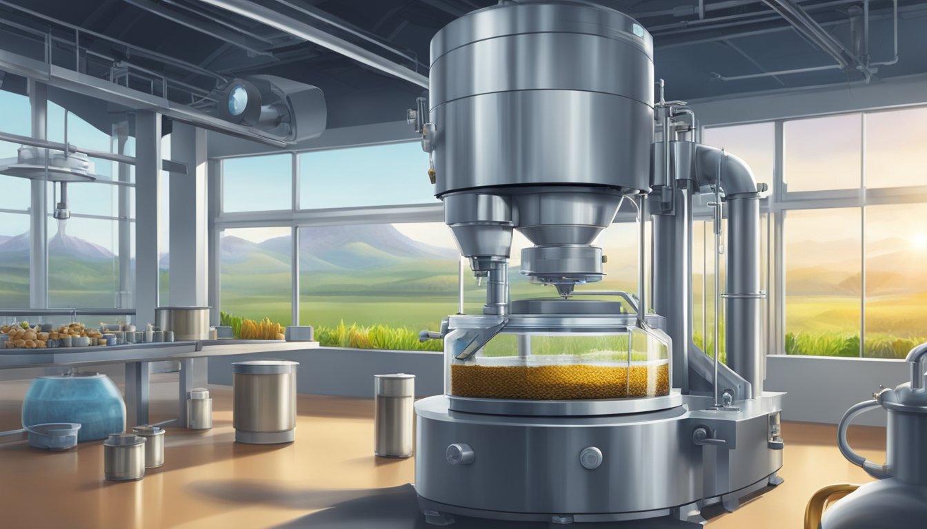 A modern cold press machine extracting oil from a variety of seeds and nuts, with a futuristic laboratory in the background