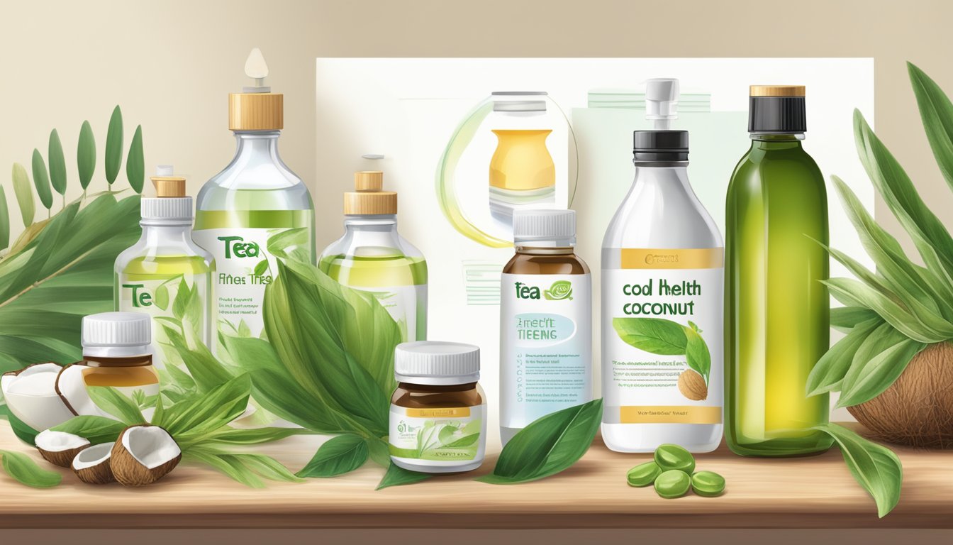 A variety of cold pressed oils, such as tea tree and coconut, displayed alongside scientific research papers on foot health and fungal infections