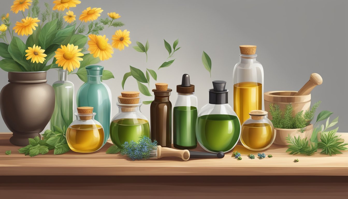 A table with various bottles of cold pressed oils, herbs, and flowers. A mortar and pestle sits nearby, along with measuring tools and empty perfume bottles