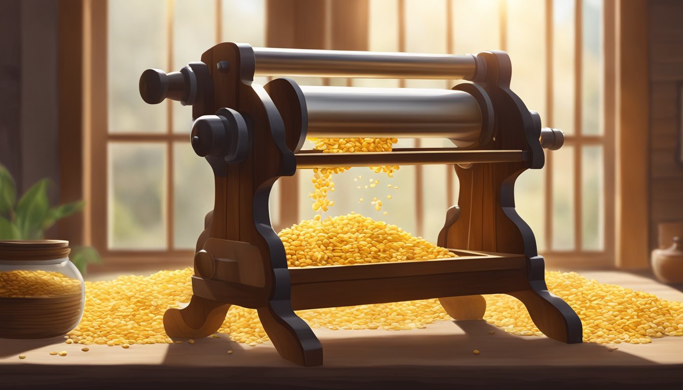 A traditional wooden press extracting oil from seeds with sunlight streaming in through a window