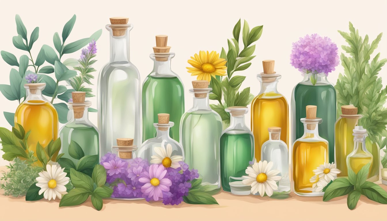 A table with various cold pressed oils, small glass bottles, and fresh herbs and flowers for making DIY perfumes and colognes