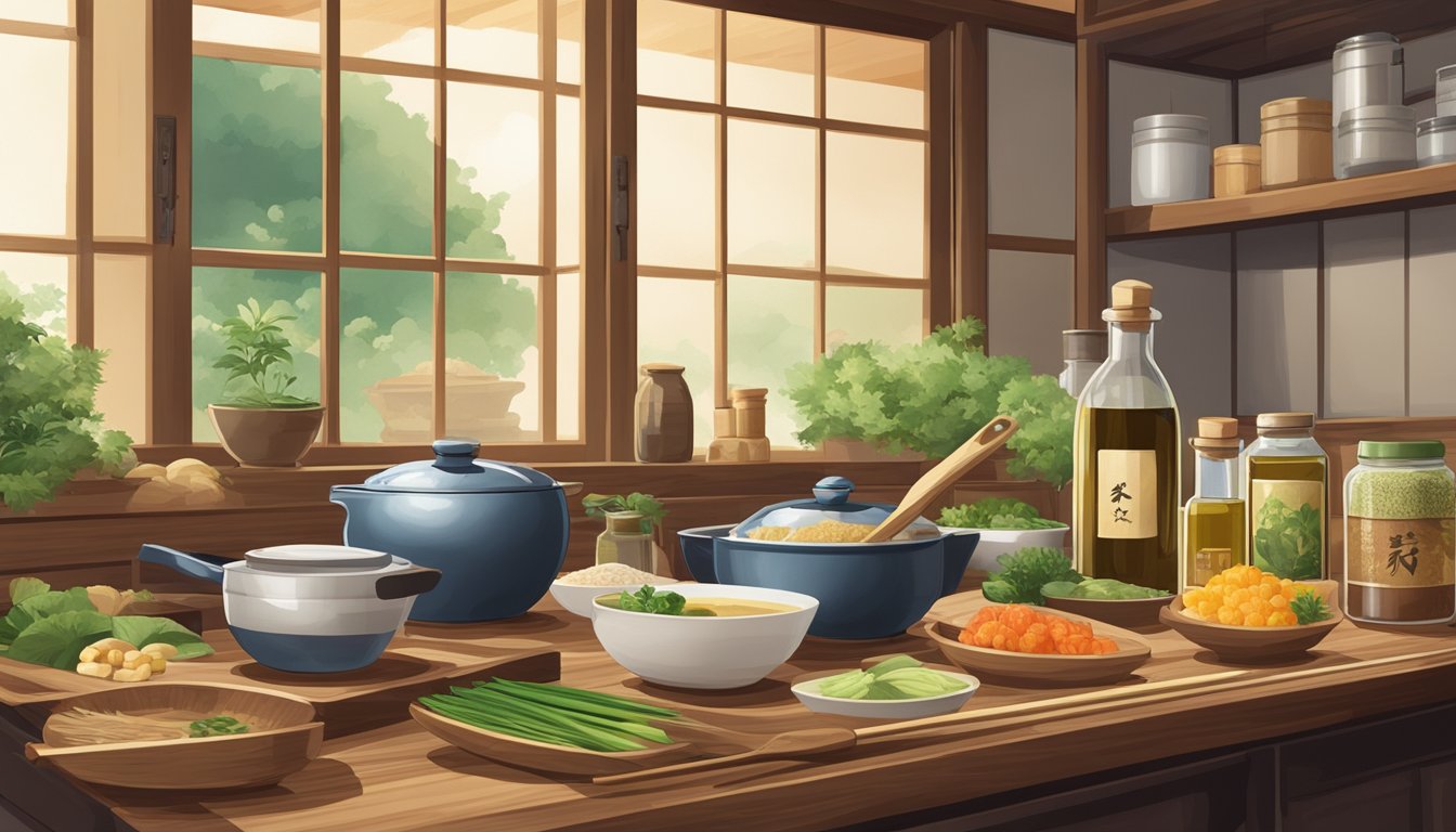 A traditional Japanese kitchen with various cold-pressed oils displayed on a wooden countertop, surrounded by fresh ingredients and cooking utensils