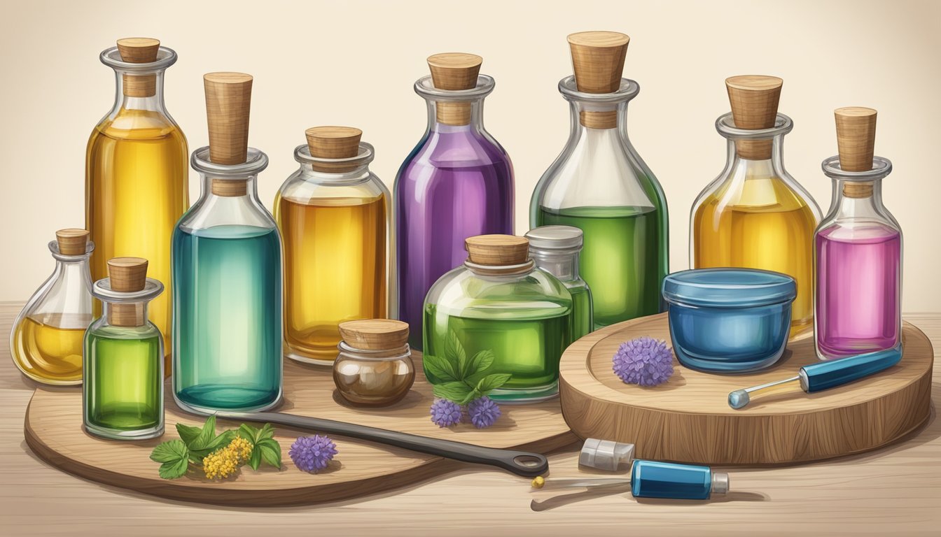 A table with various bottles of cold pressed carrier oils and solvents, along with small measuring tools and glass perfume bottles