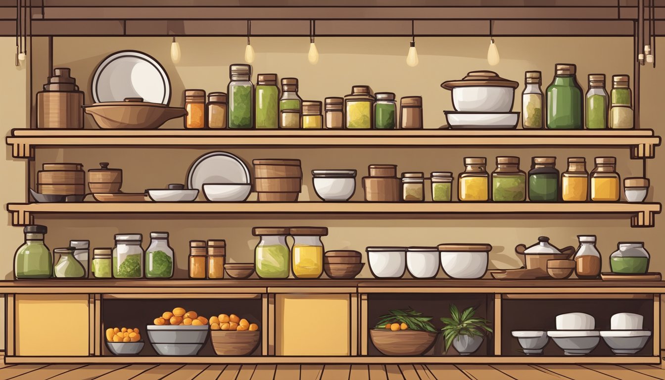 A traditional Japanese kitchen with various cold-pressed oils displayed on wooden shelves, alongside fresh ingredients and cooking utensils