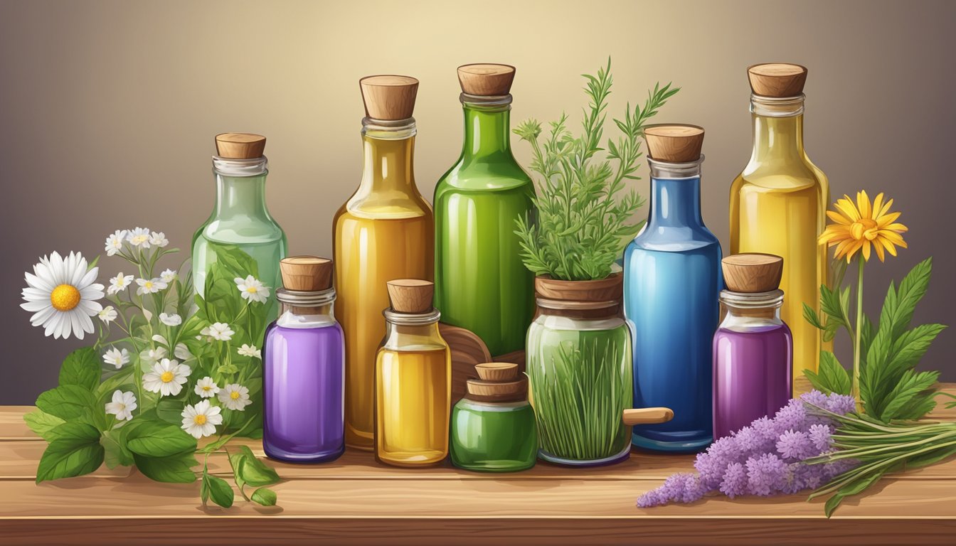 Bottles of cold pressed oils, herbs, and flowers arranged on a wooden table, with mortar and pestle, and glass dropper bottles nearby