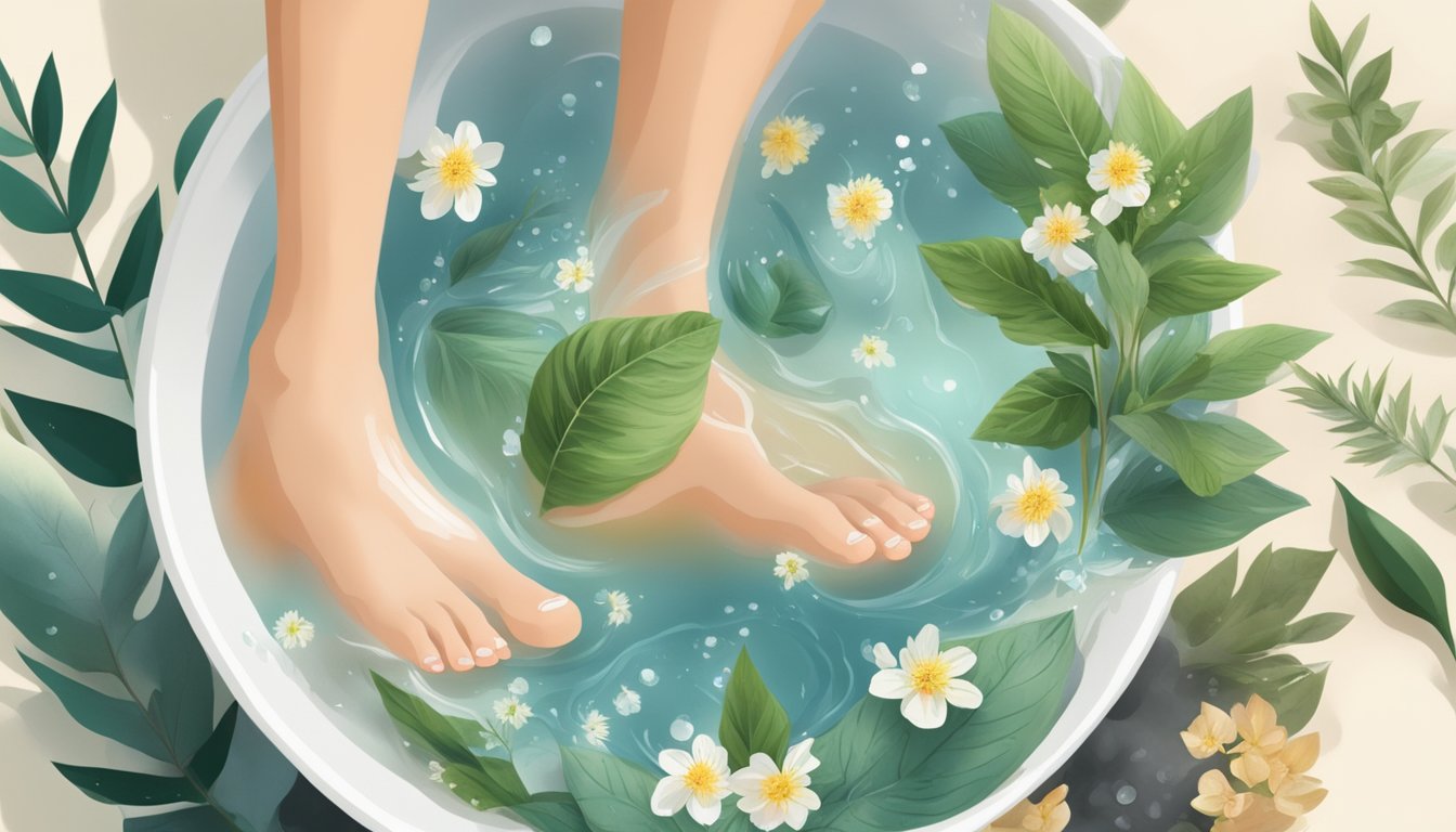 A pair of feet soaking in a bowl of natural oils, surrounded by botanicals and herbs, with a gentle steam rising from the warm water