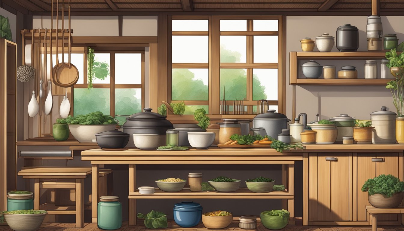 A traditional Japanese kitchen with various cold pressed oils, surrounded by fresh ingredients and cooking utensils