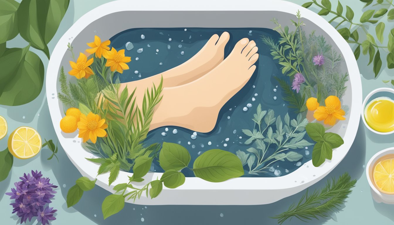 A foot soaking in a basin of cold pressed oils, surrounded by botanicals and herbs