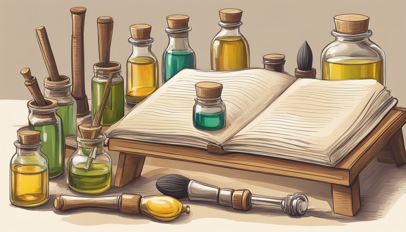 A table with various bottles of cold pressed oils, droppers, and mixing tools. A notebook with handwritten perfume recipes and a mortar and pestle for blending